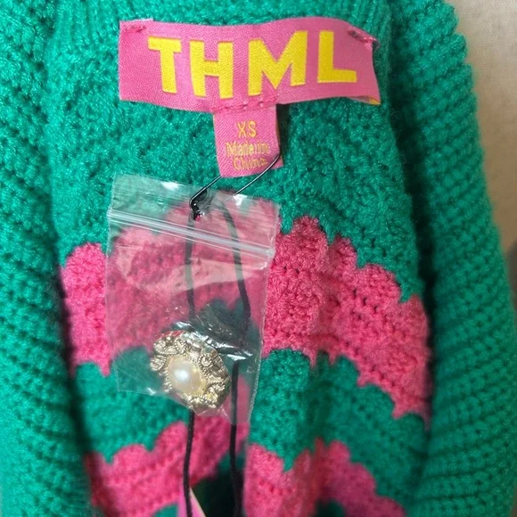 THML Green & Pink Pullover knit polo sweater preppy academia twee NWT XS - Picture 6 of 7